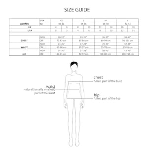 May include: Size guide chart for women's clothing with measurements in inches and centimeters. The chart shows the measurements for chest, waist, and hip in both inches and centimeters for sizes XS, S, M, and L.