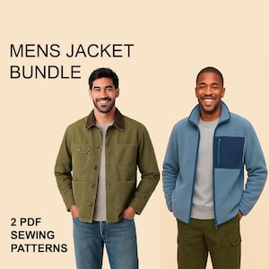 Könnte beinhalten: Ein Jacken-Set mit zwei PDF-Schnittmustern. Eine ist eine olivgrüne Knopfjacke mit braunem Kragen und Brusttaschen. Die andere ist eine hellblaue Fleece-Reißverschlussjacke mit einer dunkelblauen Brusttasche. Der Text lautet MENS JACKET BUNDLE.