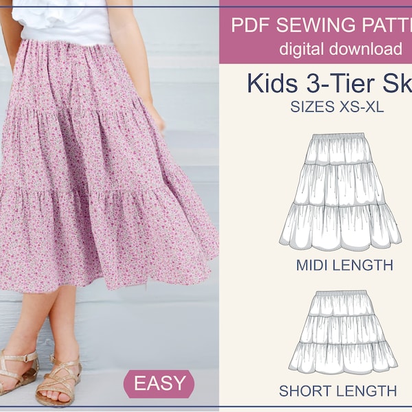 Patrón de costura PDF para falda boho para niñas - Descarga digital