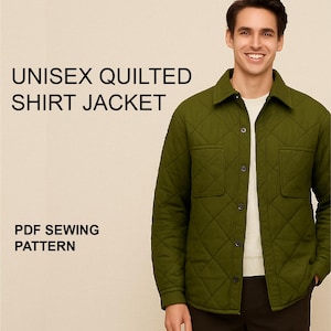 ユニセックスキルティングシャツジャケットPDF縫製パターン - メンズとレディース - レターとA0形式のPDFパターン、英語のイラスト付き説明書付き