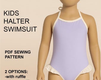 Patrón de costura para traje de baño tipo halter para niñas – Opción con volantes, para niñas y adolescentes (patrón en PDF)