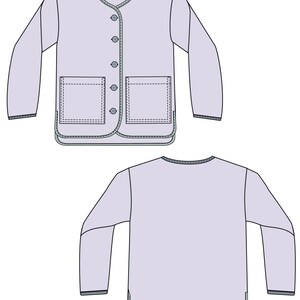 May include: A light purple long-sleeved shirt with a button-up front and two pockets. The shirt has a rounded neckline and a slightly curved hem.