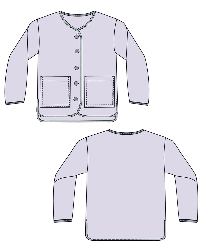 May include: A light purple long-sleeved shirt with a button-up front and two pockets. The shirt has a rounded neckline and a slightly curved hem.