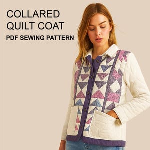Digital quilt coat sewing pattern PDF with A0 & projector file. Make a collared quilted jacket in sizes XS–XXL