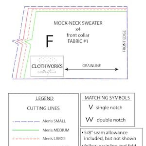 May include: A sewing pattern for a mock-neck sweater. The pattern includes cutting lines for different sizes: Men's Small, Medium, Large, and X-Large. The pattern also includes instructions for matching symbols, seam allowance, and grainline.