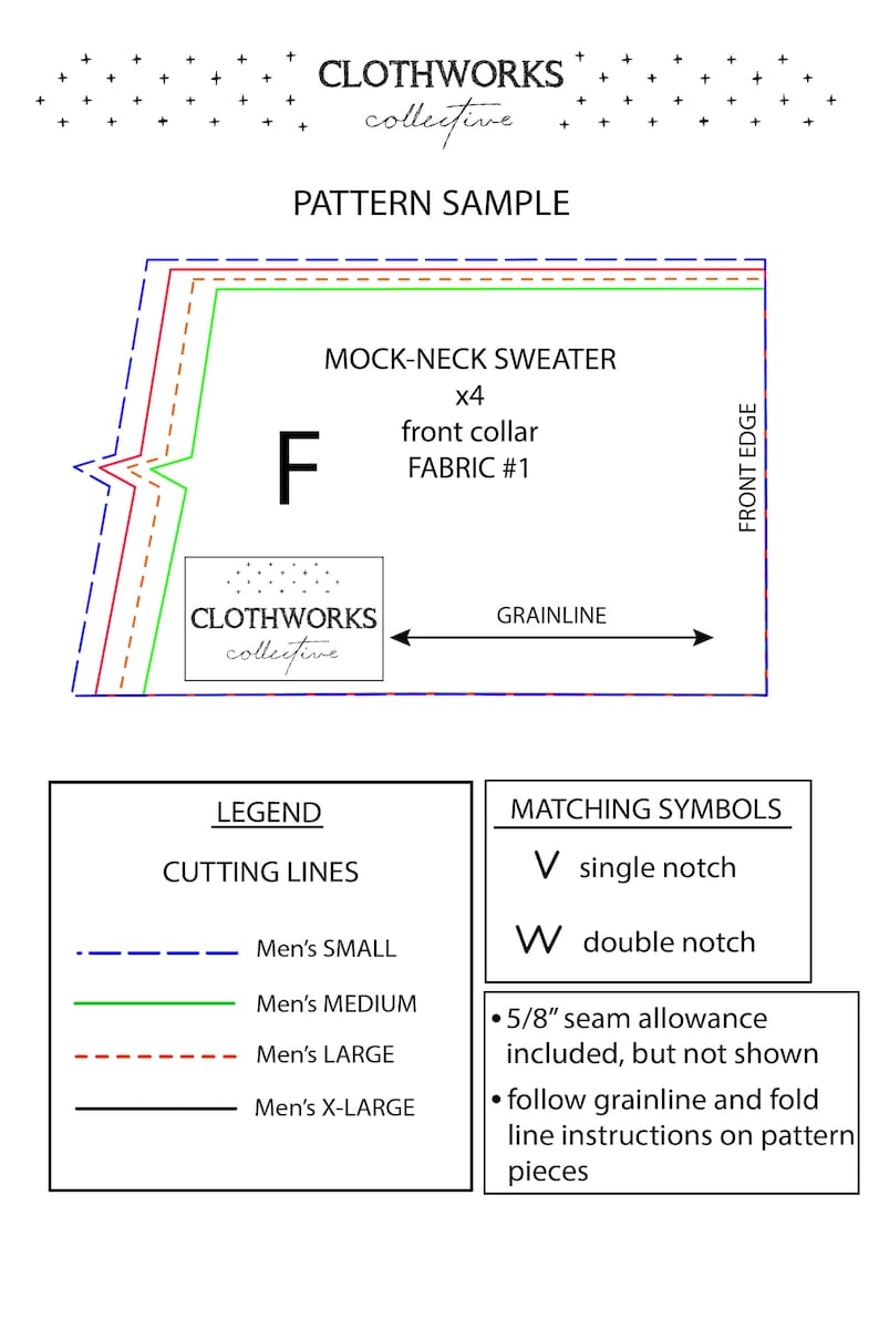 May include: A sewing pattern for a mock-neck sweater. The pattern includes cutting lines for different sizes: Men's Small, Medium, Large, and X-Large. The pattern also includes instructions for matching symbols, seam allowance, and grainline.