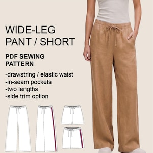 May include: Tan wide-leg pants with a drawstring elastic waist and in-seam pockets. Text reads: WIDE-LEG PANT / SHORT PDF SEWING PATTERN -drawstring / elastic waist -in-seam pockets -two lengths -side trim option. Includes line art illustrations.