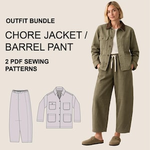 May include: An outfit bundle of 2 PDF sewing patterns for a chore jacket and barrel pant. The image displays text reading OUTFIT BUNDLE CHORE JACKET / BARREL PANT 2 PDF SEWING PATTERNS, alongside a technical drawing and a photo of the garments.