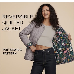 Mönster för vändbar quiltad jacka för kvinnor (digital nedladdning i PDF-format, utskrift/projektorfil) med instruktioner på engelska och franska