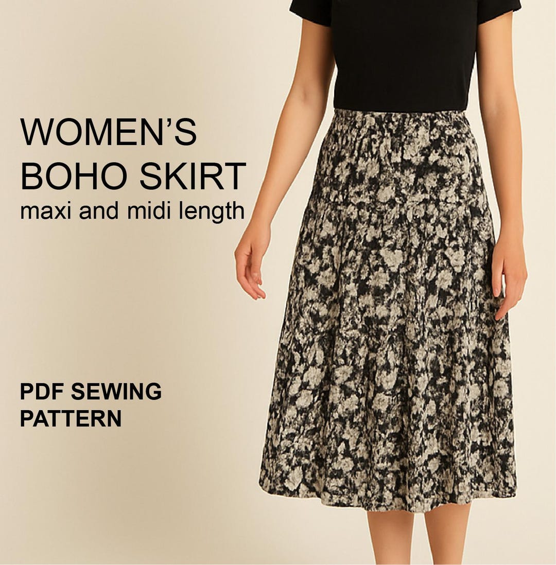 Women's 3-tiered Boho Peasant Skirt Midi or Maxi Easy Digital