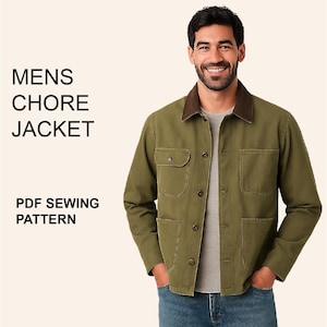 May include: Olive green chore jacket with a brown collar, buttoned pockets, and button closures. The image includes the text "MENS CHORE JACKET PDF SEWING PATTERN". The jacket is worn with a gray t-shirt and blue jeans.