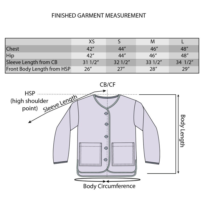 May include: A diagram showing the measurements for a jacket in sizes XS, S, M, and L. The measurements include chest, hip, sleeve length, and front body length. The diagram also shows the location of the high shoulder point, the sleeve length, the body circumference, and the body length.