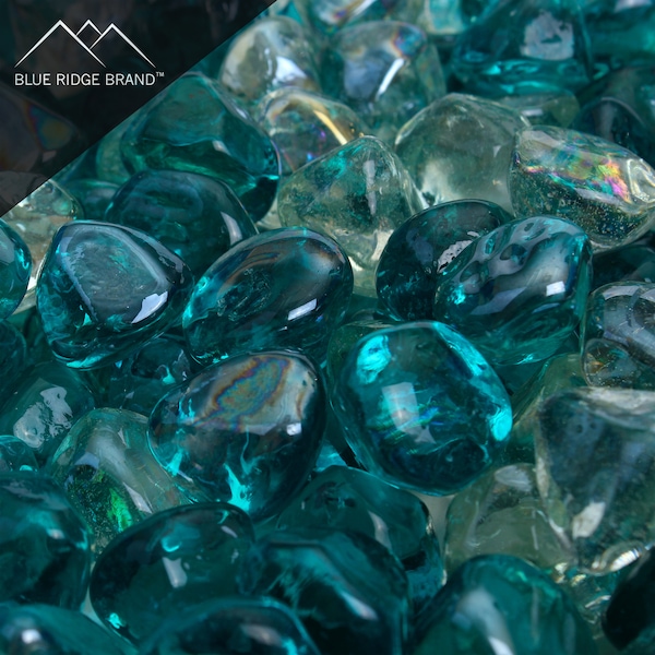 Aqua and Clear Reflective Fire Glass Diamonds - Professional Grade Fire Pit Glass - 1" Reflective Glass for Fire Pit and Landscaping
