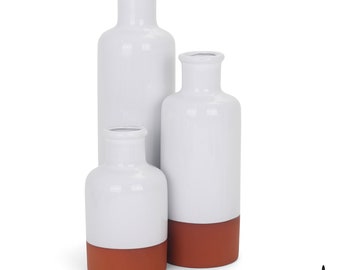 Terra Cotta Bottle Set - Set of 3 White Bottles - Two-Toned Clay Vase Trio - Sofia Flower Vase Assortment - Contemporary Vases