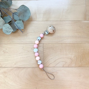 Blush Pink Cracked Glass Pacifier Holder Girl Pale Pink colored Binky Clip Personalized Faded Pink Baby Newborn Gifts. Mother to be gifts.