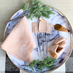 Blush Pink Cooking/Baking Gift Set. 4 Piece set. Silicone Dough Mat, Oven Mitts, Three Spatulas and a Rose Gold Cale knife. Pretty Gifts.