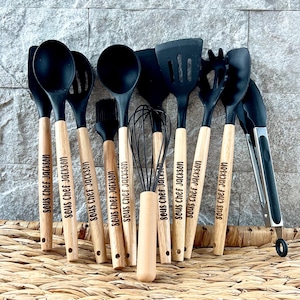 Kids and Youth Custom BLACK Spatula Set- Personalized Silicone Kitchen Gadgets - Gray Engraved Kitchen Tools - Chef Kitchen - kid chef