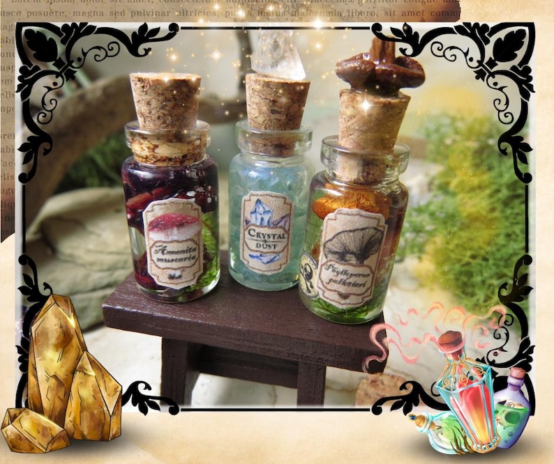 May include: Three small glass bottles with cork stoppers and labels. The bottles contain a variety of colorful liquids and dried ingredients. The labels read "Amanita Muscaria", "Crystal Dust", and "Fly Agaric Powder".
