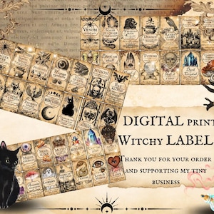 Puede incluir: Un conjunto de 36 etiquetas de bruja imprimibles con varios temas espeluznantes y mágicos. Las etiquetas están diseñadas en un estilo vintage con ilustraciones de calaveras, pociones y otros elementos de brujería. El texto en las etiquetas incluye frases como "Venom", "Scales of a Snake", "Raven Claws", "Poisonous Herbs", "Toad Spawn", "Bat Blood", "Dark Crystal", "Dragon Fangs", "Scream of Wrath", "Phoenix Spark", "Middlle Eyeballs", "Snail Slime", "Moth Wings", "Ash of the Dead", "Love & Misery", and "Lost Love".