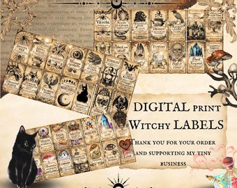 May include: A set of 36 printable witchy labels featuring various spooky and magical themes. The labels are designed in a vintage style with illustrations of skulls, potions, and other witchy elements. The text on the labels includes phrases like "Venom", "Scales of a Snake", "Raven Claws", "Poisonous Herbs", "Toad Spawn", "Bat Blood", "Dark Crystal", "Dragon Fangs", "Scream of Wrath", "Phoenix Spark", "Middlle Eyeballs", "Snail Slime", "Moth Wings", "Ash of the Dead", "Love & Misery", and "Lost Love".