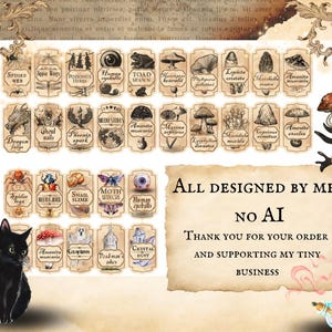 May include: A set of 24 vintage-style printable labels featuring illustrations of various creatures and plants, including spiders, toads, mushrooms, and more. The labels are designed for use on jars, bottles, or other containers. The text on the labels includes names like "Spider Web", "Dragon Fang", "Ghoul Nails", "Toad Spawn", "Amanita Muscaria", and "Crystal Dust".