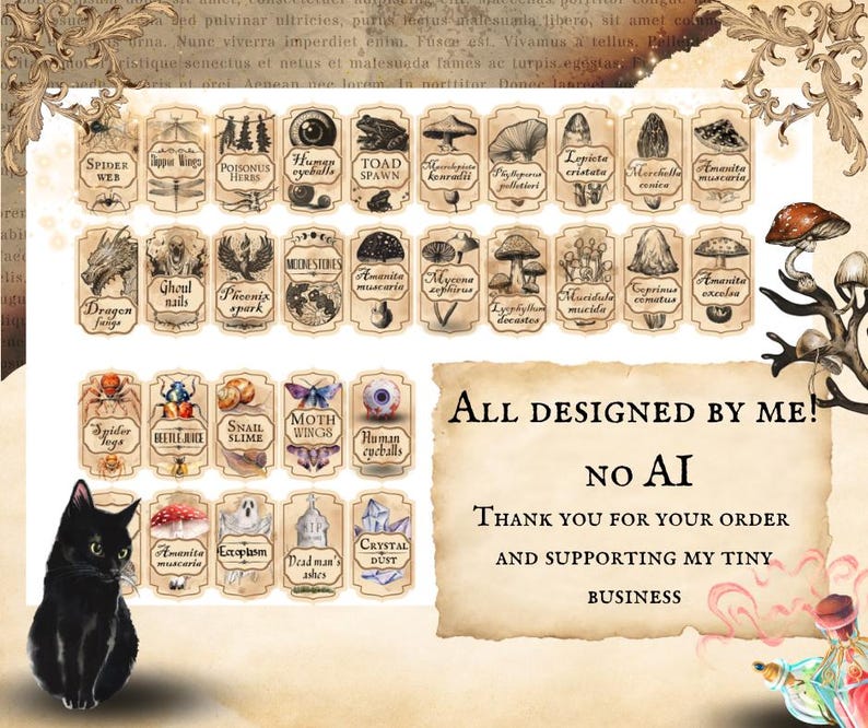 May include: A set of 24 vintage-style printable labels featuring illustrations of various creatures and plants, including spiders, toads, mushrooms, and more. The labels are designed for use on jars, bottles, or other containers. The text on the labels includes names like "Spider Web", "Dragon Fang", "Ghoul Nails", "Toad Spawn", "Amanita Muscaria", and "Crystal Dust".