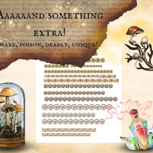 May include: A vintage-style illustration featuring a mushroom motif. The image includes a glass dome with mushrooms inside, a branch with mushrooms growing on it, and a collection of small, round, gold-colored tokens. The text "AAAAAND SOMETHING EXTRA!" and "BEWARE, POISON, DEADLY, UNIQUE!" is also included.