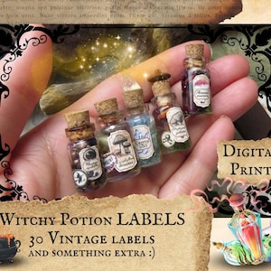 Puede incluir: Una impresión digital de 30 etiquetas de pociones vintage, que muestra una mano sosteniendo cinco pequeñas botellas de vidrio con tapones de corcho y etiquetas. Las etiquetas tienen una estética caprichosa y de bruja con ilustraciones de hongos, cristales y otros elementos mágicos. El texto "Witchy Potion Labels" y "30 Vintage Labels" es visible en la parte inferior de la imagen.