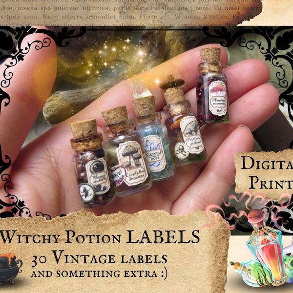 30 etiquetas de boticario de brujas en miniatura (o NO) - Etiquetas de hongos - DESCARGA DIGITAL instantánea e imprimible