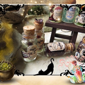 May include: A collection of miniature glass bottles with cork stoppers and labels. The bottles contain various liquids and are arranged on a small wooden stool. The labels on the bottles read "Amatista muscaria", "Crystal Dont", "Sequel", and "Mancheiro Caramel".