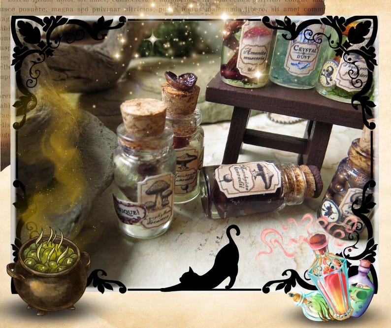 May include: A collection of miniature glass bottles with cork stoppers and labels. The bottles contain various liquids and are arranged on a small wooden stool. The labels on the bottles read "Amatista muscaria", "Crystal Dont", "Sequel", and "Mancheiro Caramel".