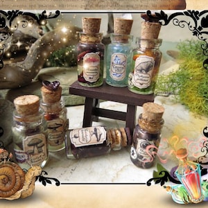 May include: Six small glass bottles with cork stoppers filled with various dried herbs, flowers, and other botanicals. The bottles are arranged on a small wooden shelf. The bottles are labeled with handwritten text, including "Crystal Dust" and "Polypore Potion".