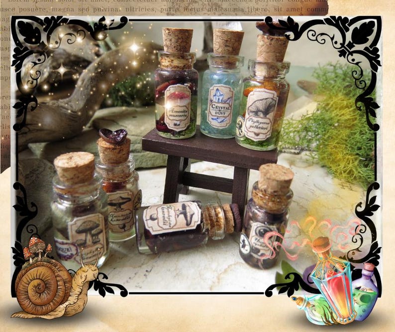 May include: Six small glass bottles with cork stoppers filled with various dried herbs, flowers, and other botanicals. The bottles are arranged on a small wooden shelf. The bottles are labeled with handwritten text, including "Crystal Dust" and "Polypore Potion".