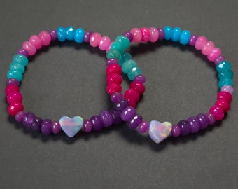 Purple Heart Candy Opal Stretchy Bracelet| High Flash Lab Created Opal| Unique Handcarved Stackable Accessories| Quartz Gemstone Jewelry