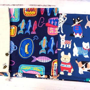 Reusable Bread Bag, Large drawstring bag, Honey Bee fabric, French Dogs, Tinned Sardines French Dogs