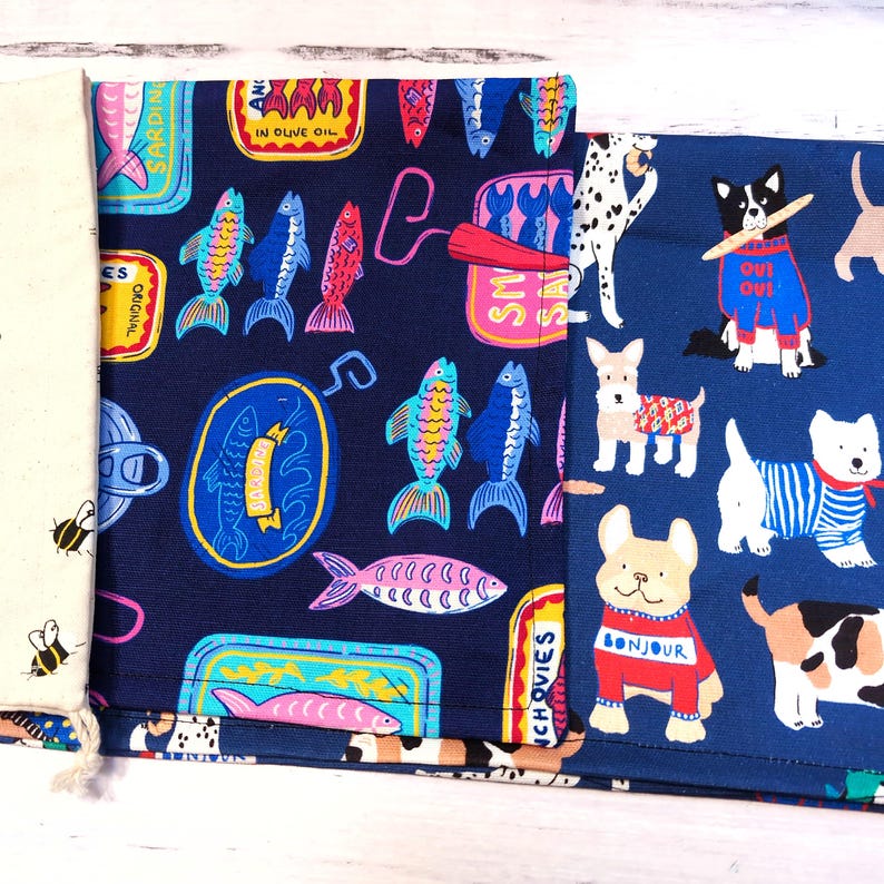 Reusable Bread Bag, Large drawstring bag, Honey Bee fabric, French Dogs, Tinned Sardines French Dogs
