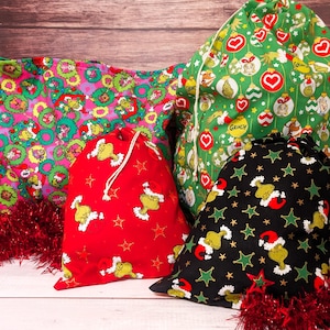 Grinch Christmas Gift Bags, grinchmas fabric reusable bags, Jumbo Santa sack, Large, small