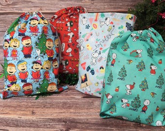 Snoopy Inspired Drawstring Christmas Gift Bags, Snoopy fabric reusable bags