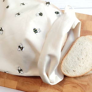 Large reusable bread bag. Handmade, cotton drawstring bag. Honey Bees on calico fabric. Australian made