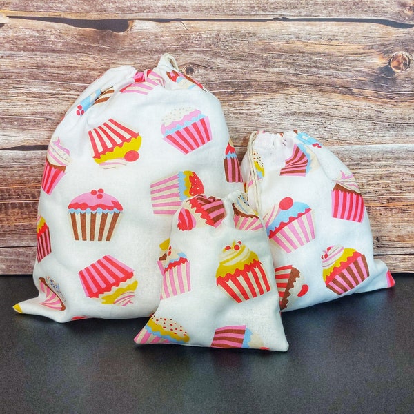 Fabric Birthday Gift Bags, drawstring bags, cupcake fabric