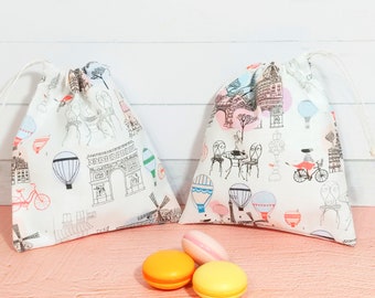 Paris Gift Bags, Parisian Cafe fabric Drawstring Bags