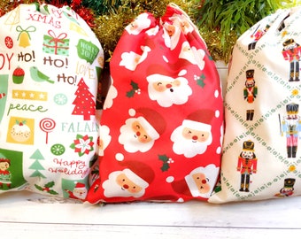 Drawstring Fabric Christmas Gift Bags, Santa, Nutcracker, Peace