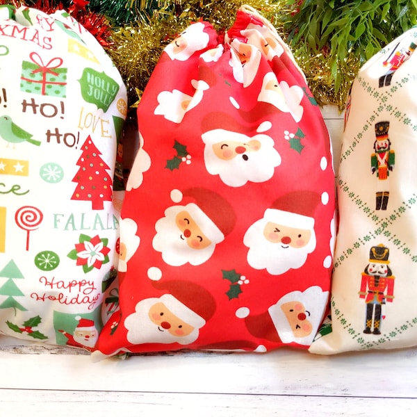 Drawstring Fabric Christmas Gift Bags, Santa, Nutcracker, Peace and Joy