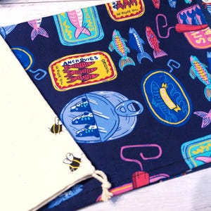 Reusable Bread Bag, Large drawstring bag, Honey Bee fabric, French Dogs, Tinned Sardines Sardines