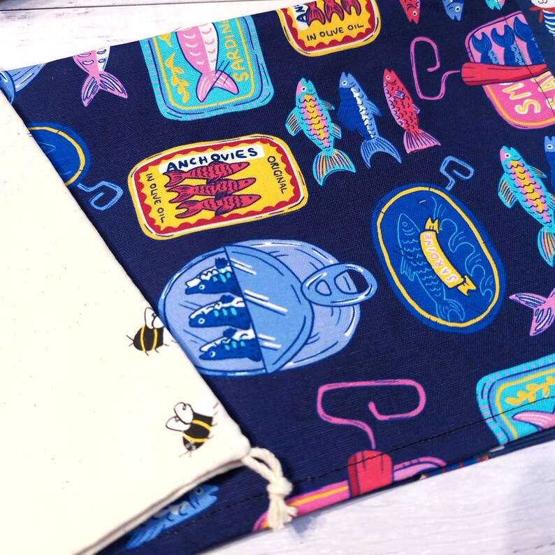 Reusable Bread Bag, Large drawstring bag, Honey Bee fabric, French Dogs, Tinned Sardines Sardines