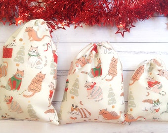 Cat Christmas Gift Bags,  Santa cat fabric