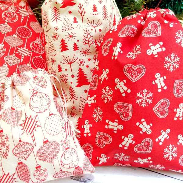 Set of Reusable Fabric Christmas Gift Bags, Scandi Fabric