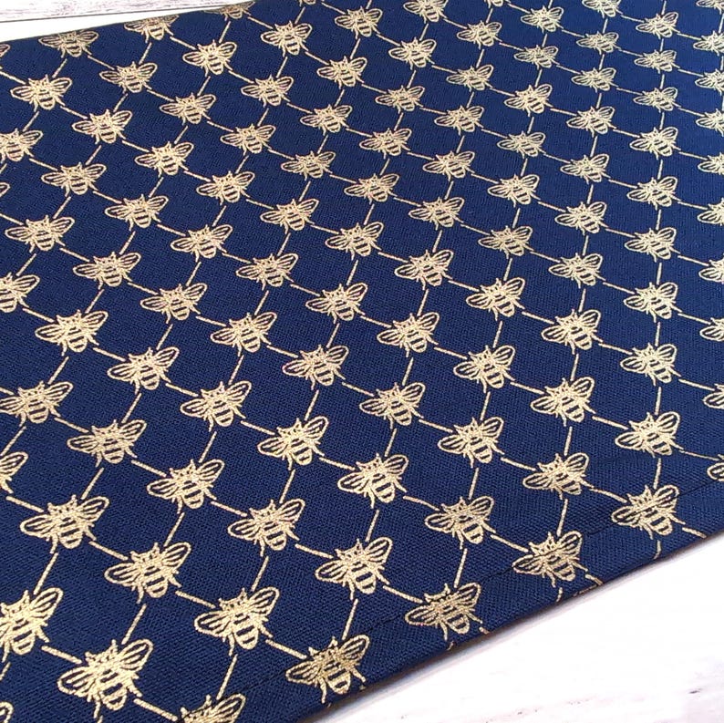 Reusable Bread Bag, Large drawstring bag, Honey Bee fabric, French Dogs, Tinned Sardines Navy Golden Bees