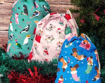 Aussie Birds and Animals Christmas Gift Bags, fabric reusable bags