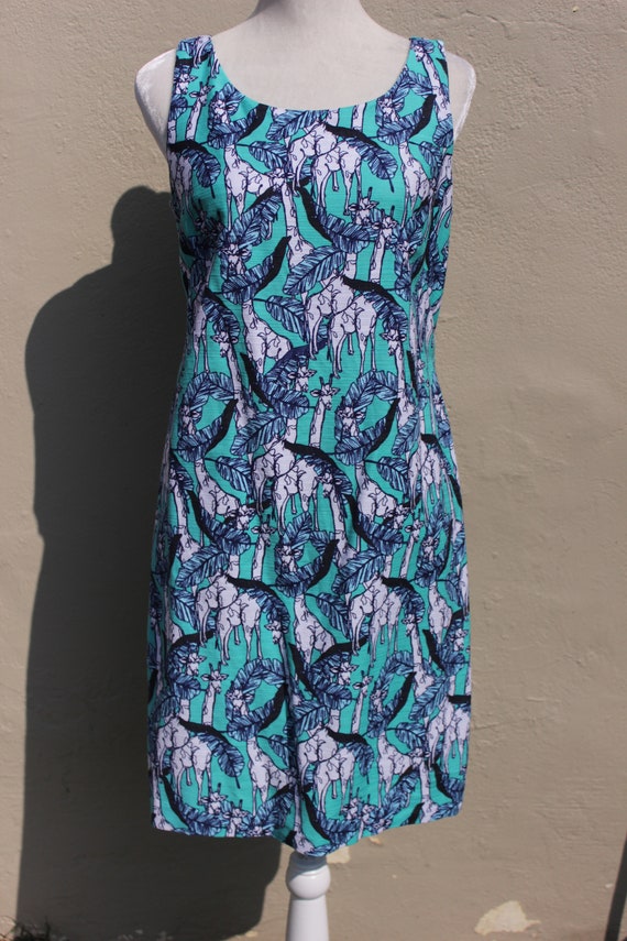 Giraffe Print Dress: Talbot's Aqua Turquoise Tropical Kitsch Cotton Spandex, Size US 4